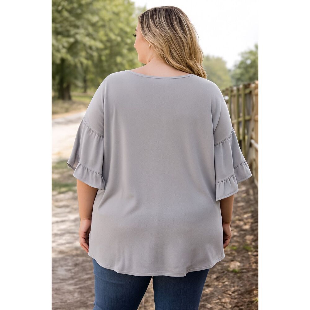 Umgee USA Plus Ruffle Sleeve Blouse Flowing Crepe Top Cool Grey Size 1X - Picture 2 of 12